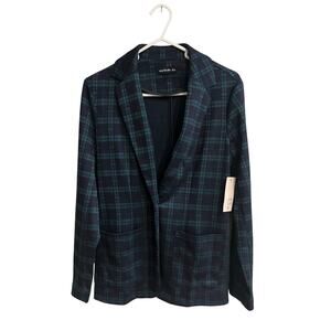 XS Blazer Jacket Blue Green Preppy Plaid Pockets Lapel Collar Button Long Sleeve